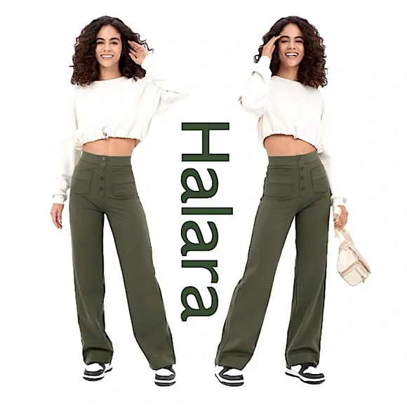 HALARA High Waisted Button Straight Leg Casual Pants In Forest Night Sz M - Picture 1 of 8